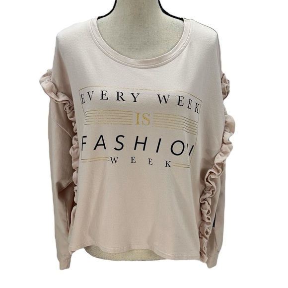 Polly & Esther Tops - Polly & Esther Long Sleeve Ruffle Shoulder Every Week Is Fashion Week Sweatshirt